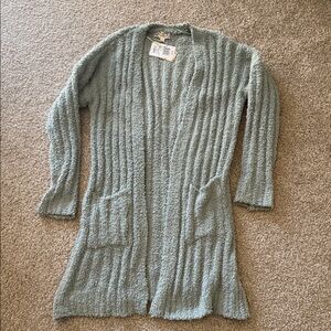 NWT Pink Republic Textured Green Fuzzy Longer Cardigan w pocket size small